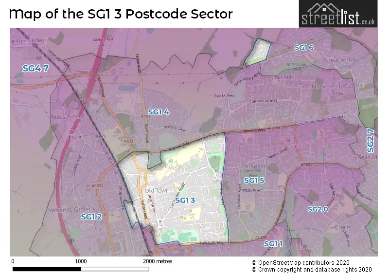 Map of the SG1 3 and surrounding postcode sector