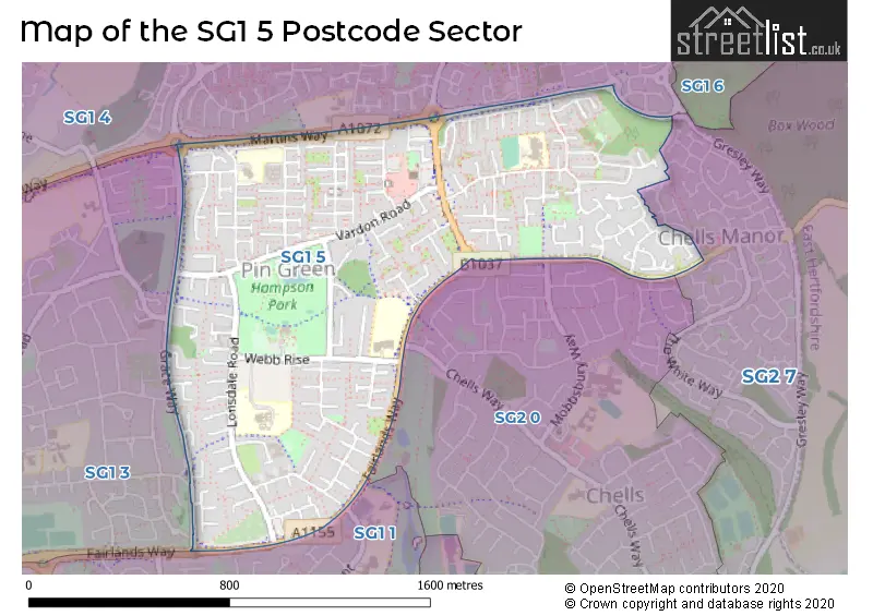 Map of the SG1 5 and surrounding postcode sector