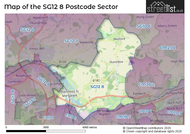 Map of the SG12 8 and surrounding postcode sector