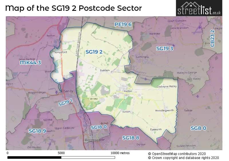 Map of the SG19 2 and surrounding postcode sector