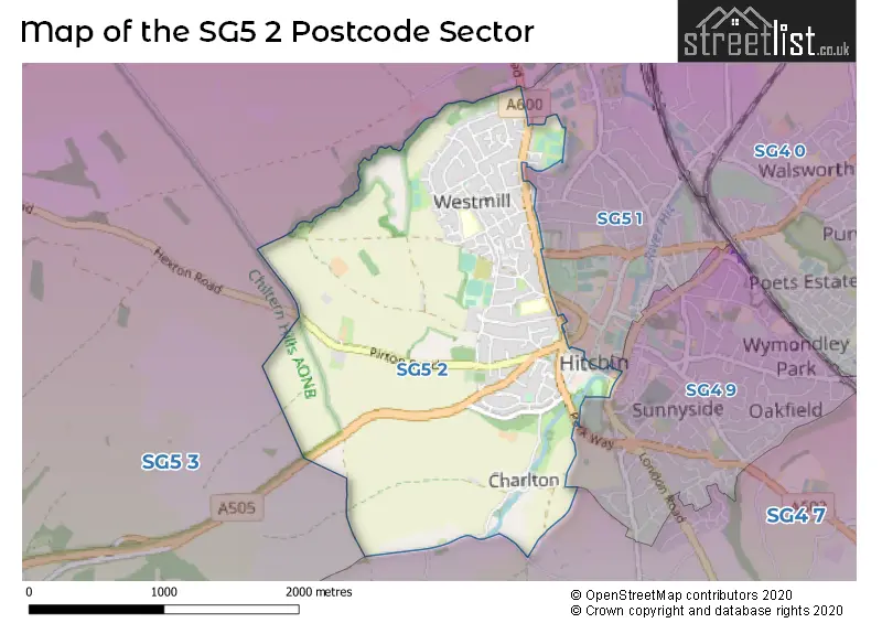 Map of the SG5 2 and surrounding postcode sector