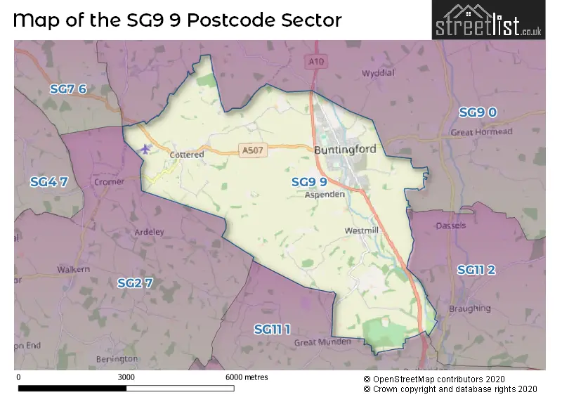 Map of the SG9 9 and surrounding postcode sector
