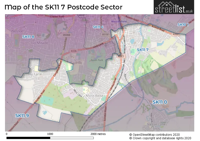 Map of the SK11 7 and surrounding postcode sector