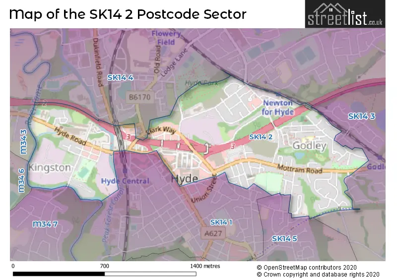 Map of the SK14 2 and surrounding postcode sector