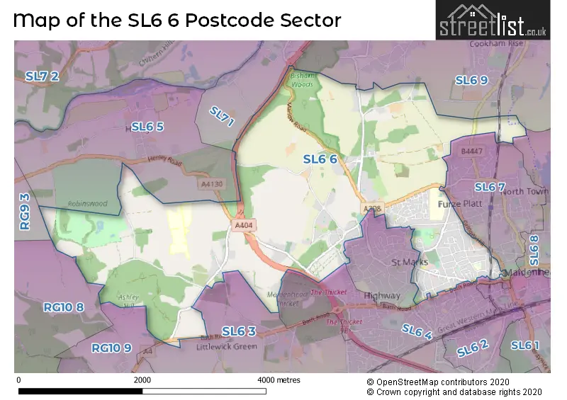 Map of the SL6 6 and surrounding postcode sector