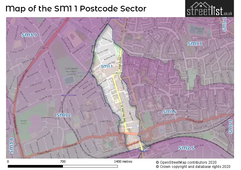 Map of the SM1 1 and surrounding postcode sector