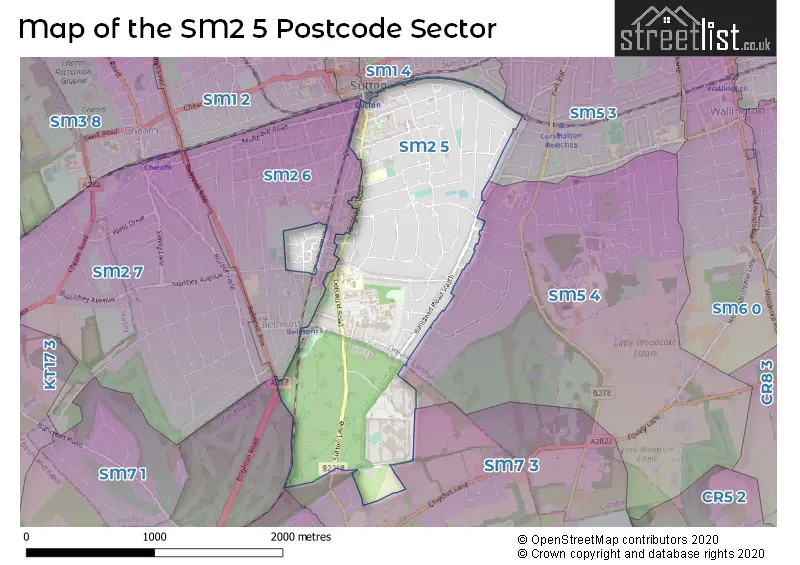 Map of the SM2 5 and surrounding postcode sector