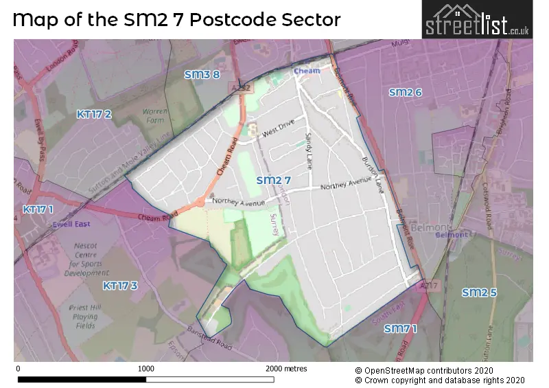 Map of the SM2 7 and surrounding postcode sector