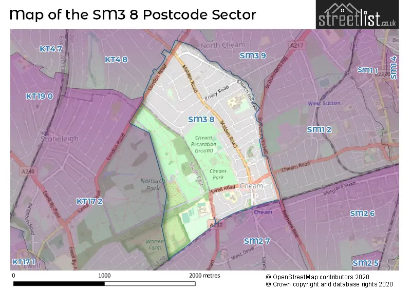 Map of the SM3 8 and surrounding postcode sector