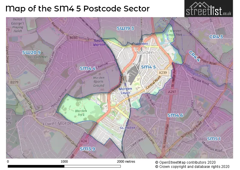 Map of the SM4 5 and surrounding postcode sector