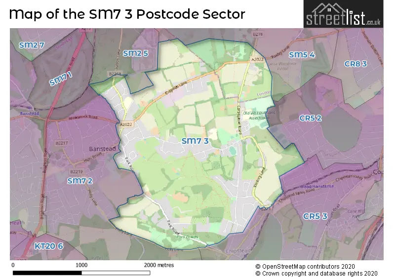 Map of the SM7 3 and surrounding postcode sector