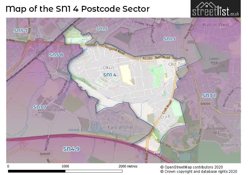 Map of the SN1 4 and surrounding postcode sector