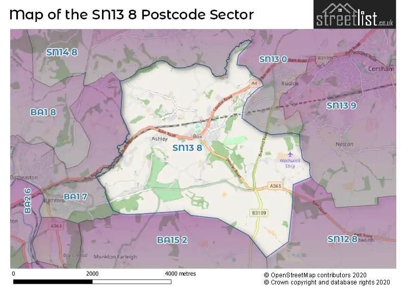 Map of the SN13 8 and surrounding postcode sector