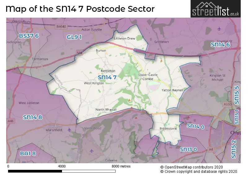 Map of the SN14 7 and surrounding postcode sector