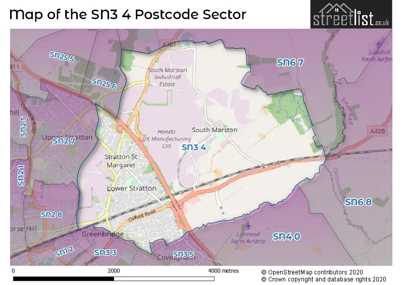 Map of the SN3 4 and surrounding postcode sector