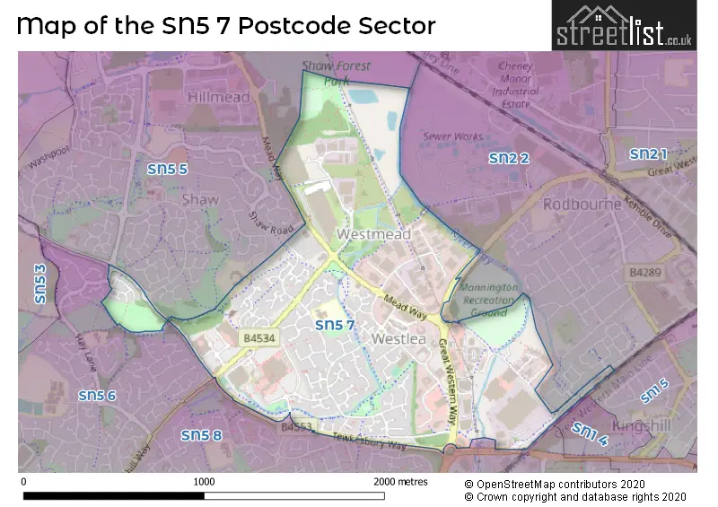 Map of the SN5 7 and surrounding postcode sector