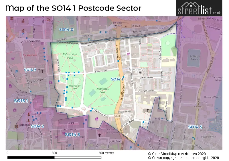 Map of the SO14 1 and surrounding postcode sector