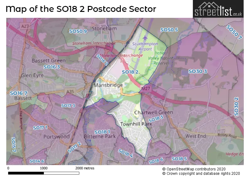 Map of the SO18 2 and surrounding postcode sector