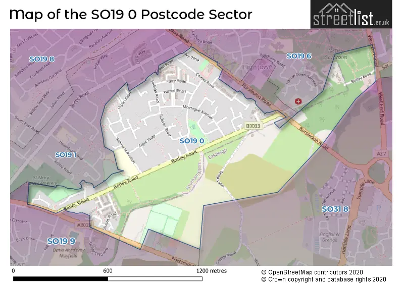 Map of the SO19 0 and surrounding postcode sector