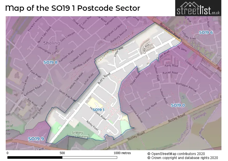 Map of the SO19 1 and surrounding postcode sector