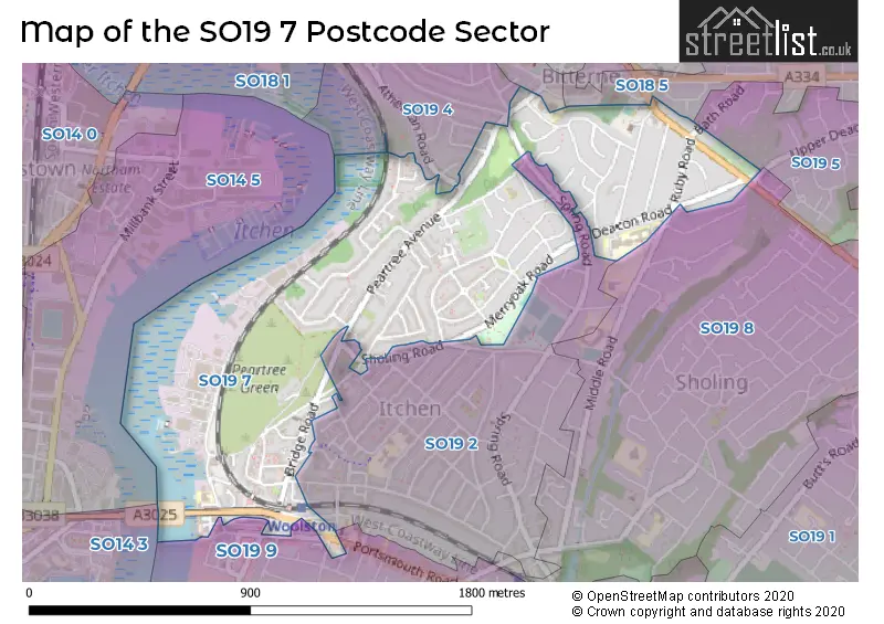 Map of the SO19 7 and surrounding postcode sector