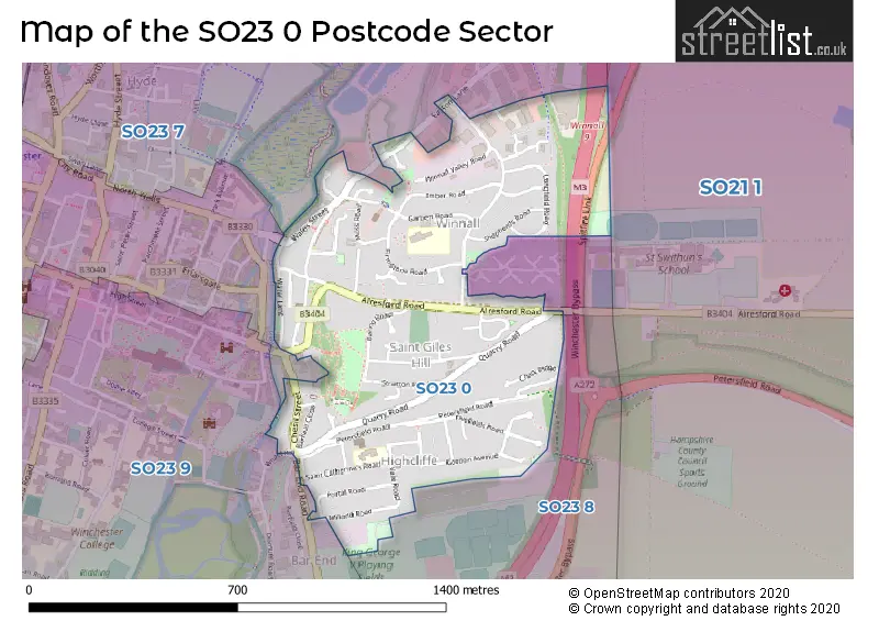 Map of the SO23 0 and surrounding postcode sector