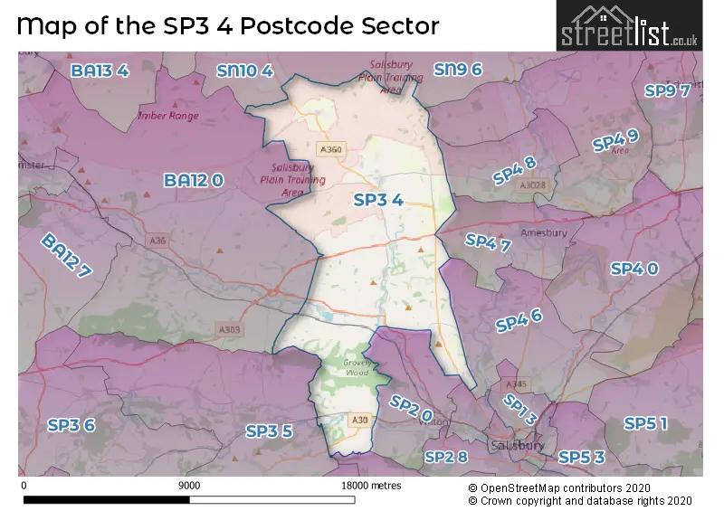 Map of the SP3 4 and surrounding postcode sector