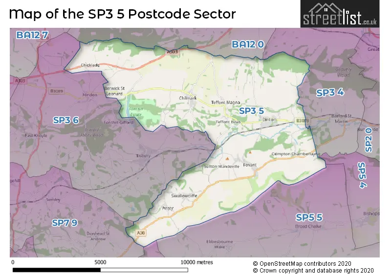 Map of the SP3 5 and surrounding postcode sector