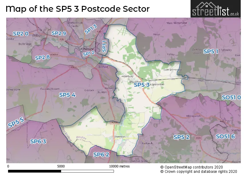 Map of the SP5 3 and surrounding postcode sector