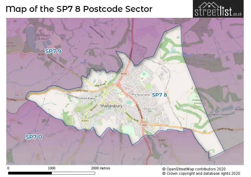 Map of the SP7 8 and surrounding postcode sector