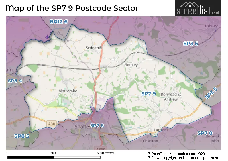 Map of the SP7 9 and surrounding postcode sector