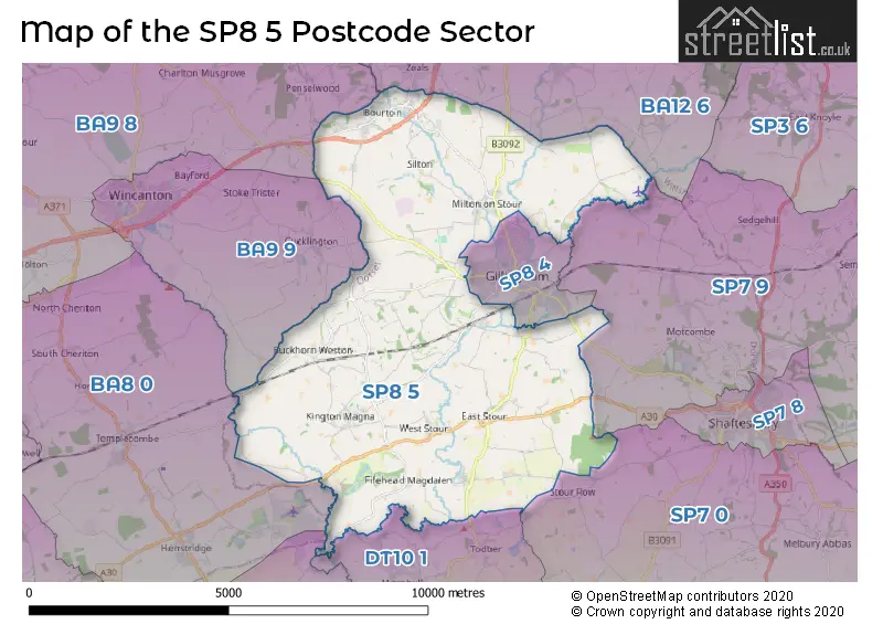 Map of the SP8 5 and surrounding postcode sector