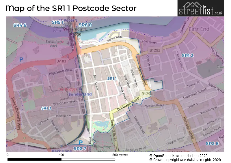 Map of the SR1 1 and surrounding postcode sector