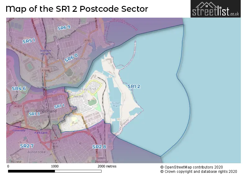 Map of the SR1 2 and surrounding postcode sector