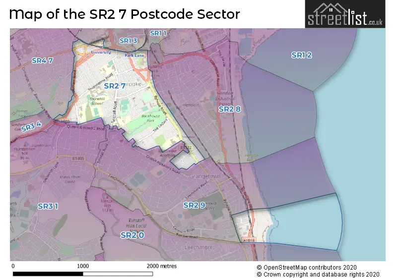 Map of the SR2 7 and surrounding postcode sector