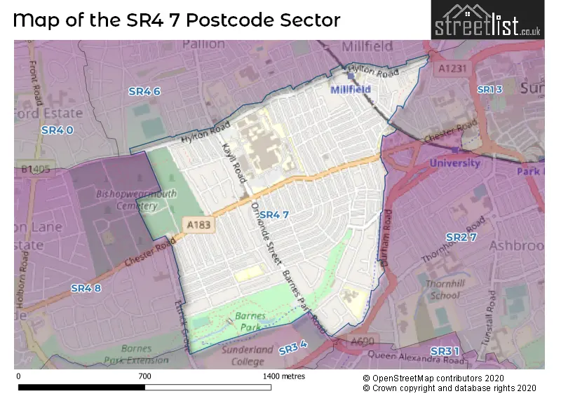 Map of the SR4 7 and surrounding postcode sector