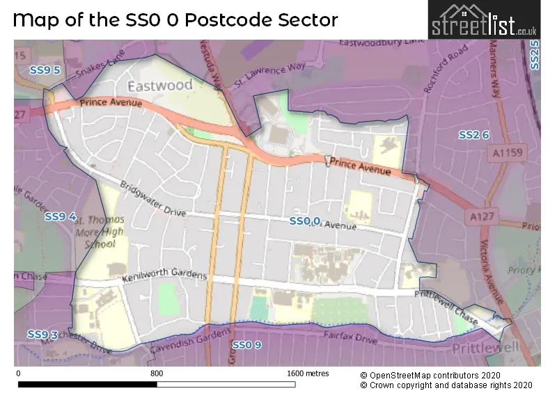 Map of the SS0 0 and surrounding postcode sector