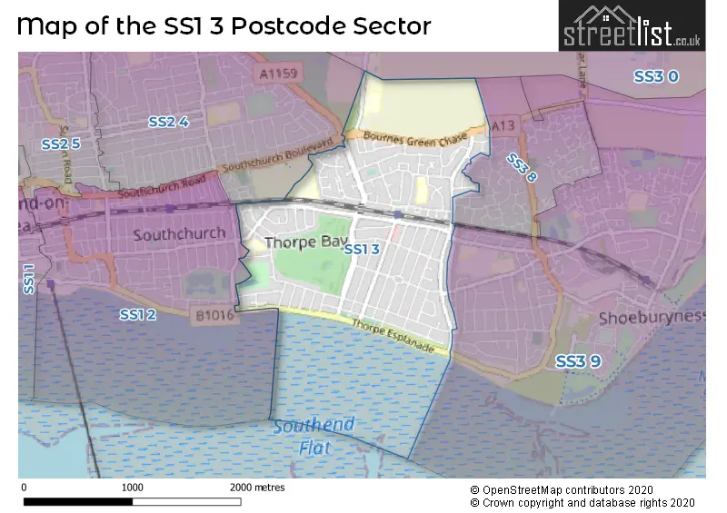 Map of the SS1 3 and surrounding postcode sector