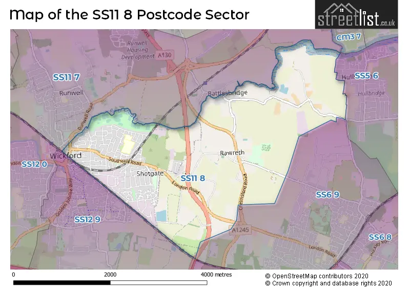 Map of the SS11 8 and surrounding postcode sector