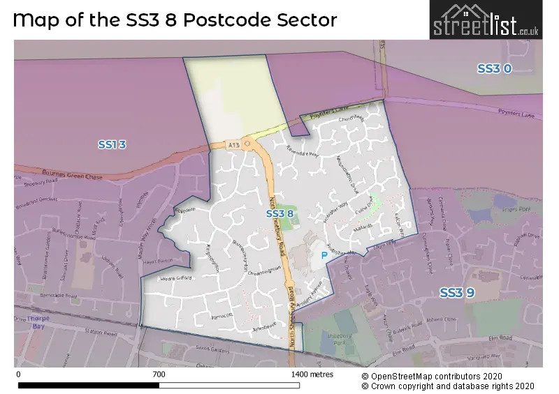 Map of the SS3 8 and surrounding postcode sector