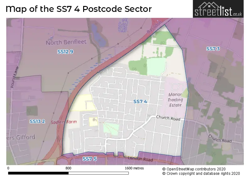 Map of the SS7 4 and surrounding postcode sector