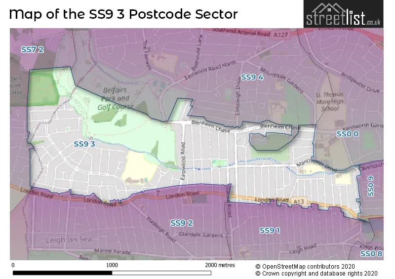 Map of the SS9 3 and surrounding postcode sector