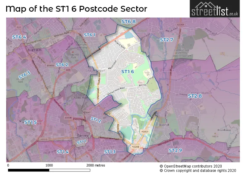 Map of the ST1 6 and surrounding postcode sector