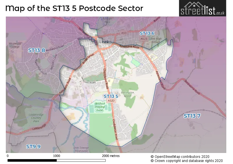 Map of the ST13 5 and surrounding postcode sector