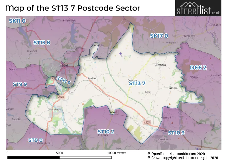 Map of the ST13 7 and surrounding postcode sector