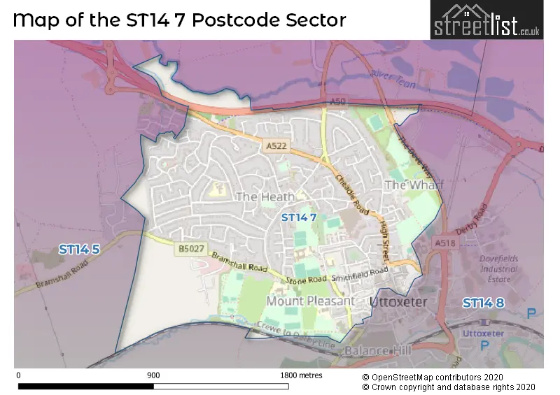 Map of the ST14 7 and surrounding postcode sector