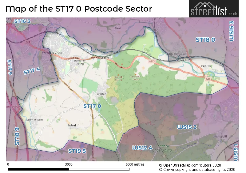 Map of the ST17 0 and surrounding postcode sector