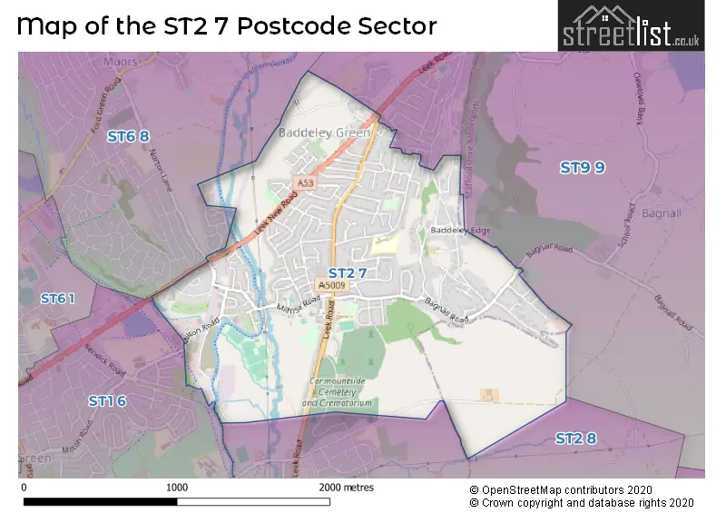 Map of the ST2 7 and surrounding postcode sector