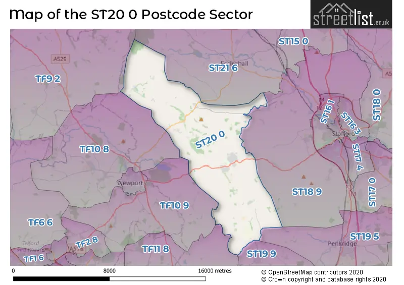 Map of the ST20 0 and surrounding postcode sector