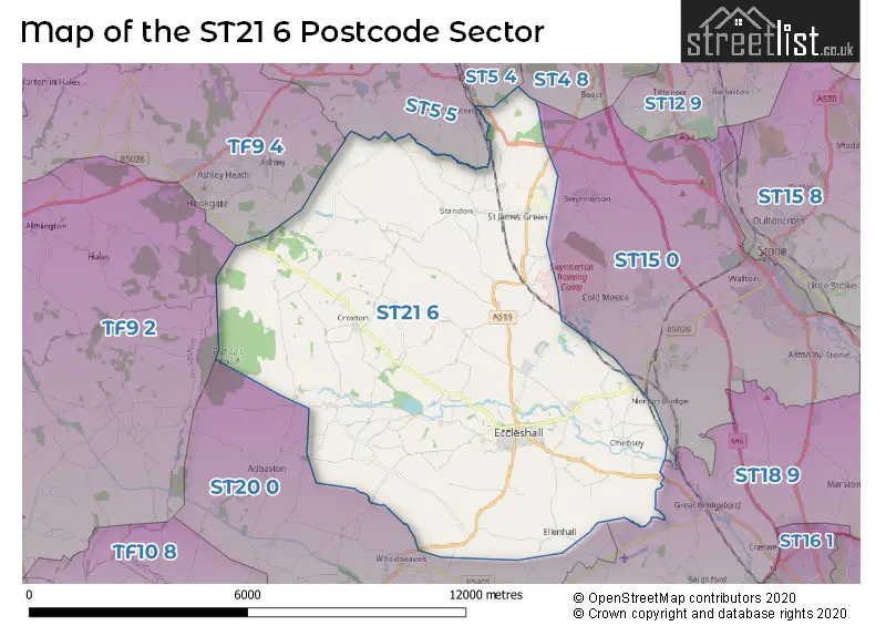 Map of the ST21 6 and surrounding postcode sector